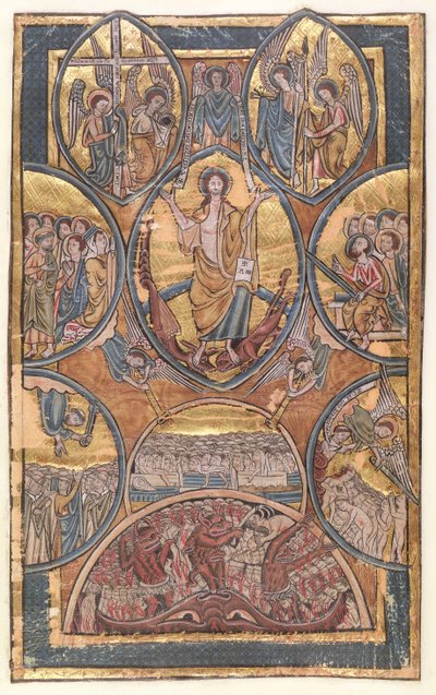 Ms 330 f.3 Het Laatste Oordeel met zelfportret van de verluchter gered door zijn beschermengel, uit een psalter, ca. 1240 door William de Brailes  